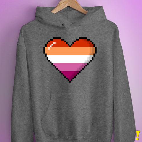 Lesbian Pride 8-Bit Pixel Heart Hoodie - Grey Heather